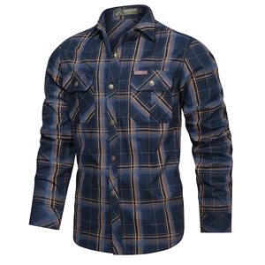 Men's blue and caramel plaid cotton long sleeve shirt with double chest pockets