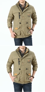 Detailansicht der khakigrünen Outdoor-Jacke mit wasserfesten Taschen und Kapuze