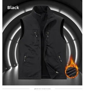 Detail view of black outdoor thermal fleece vest with four zipper pockets and stand collar