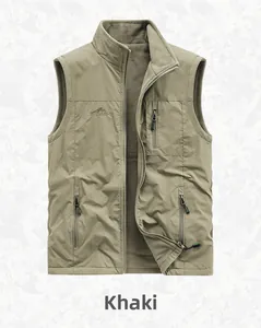 Detail of khaki outdoor fleece vest with sturdy zipper and embroidered logo
