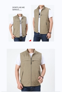 Detailed view of khaki fishing vest showing multiple zipper pockets and stand collar