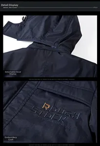 Detail of detachable hood with zipper and premium embroidery on navy winter jacket