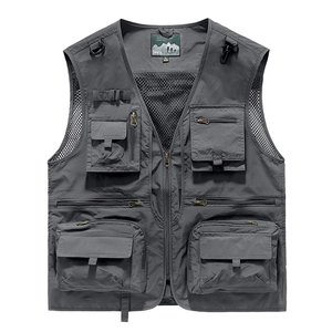 Men Outdoor Multi Pocket Utility Vest Nylon Mesh Breathable Fishing Photography Vest Casual V Neck Sleeveless Jacket