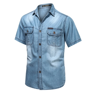 Men's casual light blue washed denim short sleeve shirt with double chest pockets