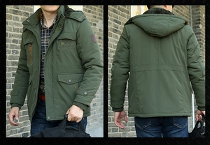 Detail of army green hooded cargo jacket with warm fleece lining and chest embroidery