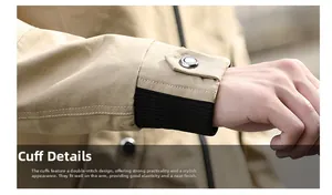 Close-up of khaki cargo jacket sleeve with ribbed black cuffs and adjustable metal buckle