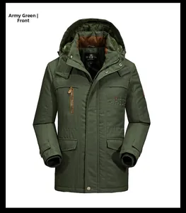Detailed view of the army green winter parka showing warm faux fur lining and pocket design
