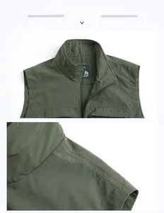 Detailed close-up of pure cotton army green vest collar with durable shoulder stitching