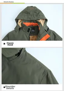 Detailansicht der olivgrünen Jacke mit orangefarbenem Fleecefutter und verstärkten Nähten