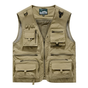 Men's khaki multi-pocket fishing vest with V-neck and mesh lining for outdoor hiking