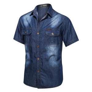 Men's dark blue short sleeve washed denim shirt with chest pockets and outdoor style design