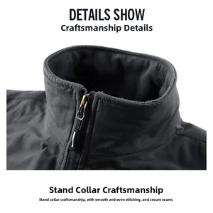 Detail of stand-up collar and smooth zipper on the fleece vest with neat stitching