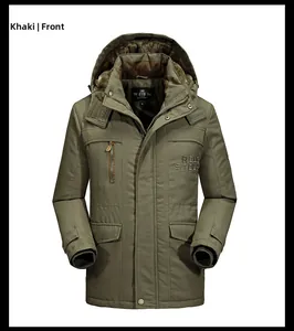 Detail of khaki men's winter parka showing plush fur lining and military style embroidery
