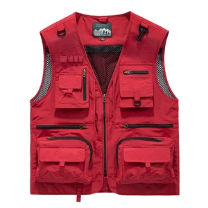 Men's outdoor multi-pocket fishing vest in red with mesh lining and zipper closure