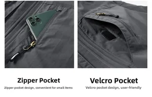 Detail of dark grey fleece vest showing zipper and velcro pockets on ripstop fabric
