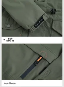 Details der verstellbaren Klettbündchen und Metallknöpfe an der olivgrünen Outdoor-Jacke