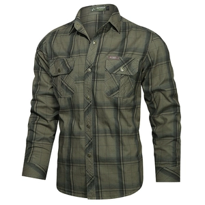 Men's casual army green plaid long sleeve cotton shirt with double chest pockets