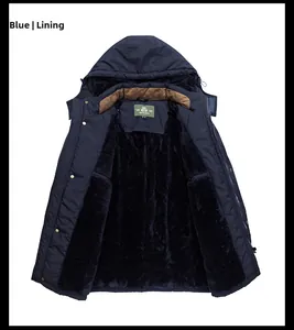 Detailed view of the dark blue winter jacket showing thick plush lining and inner hood