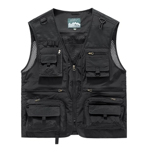 Men's multi-pocket fishing vest in black with durable zippers and outdoor mesh lining