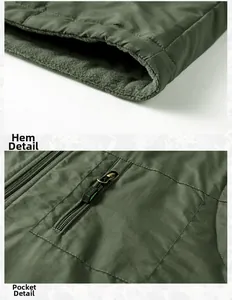 Detail of military green fleece vest showing hem stitching and metal zipper pocket
