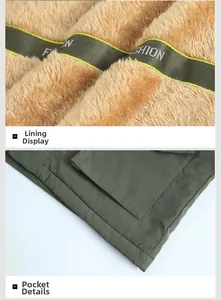Detailansicht von khakifarbenem Lammwollfutter und militärgrüner Cargo-Tasche mit Nähten
