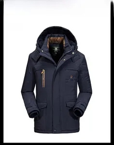 Detail of navy blue winter parka with warm faux sheepskin lining and rough stock embroidery