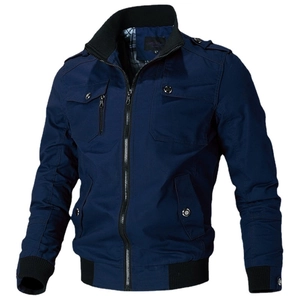 Veste en coton bleu marine pour homme avec col montant et finitions bords-côtes