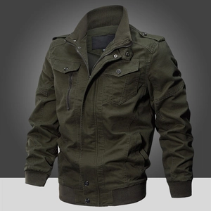 Men's olive green military N1 deck jacket with heavy canvas and ribbed stand collar