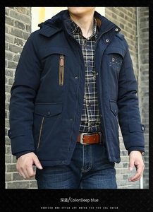Detail of deep blue men winter parka showing fleece lining and multi-pocket workwear design