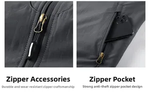 Detail of premium metal zipper and secure side pocket with smartphone on grey fleece vest