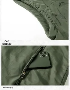 Detail of outdoor fleece vest featuring a secure zipper pocket and windproof sleeve cuffs