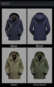 Macro view of men's hooded parka details including windproof fabric and zip pockets