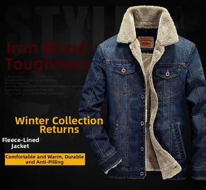 Detail of men's navy denim jacket showing thick cream fleece lining and buttoned collar