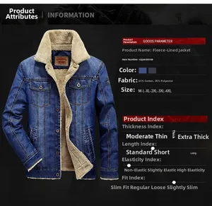 Detailed view of heavy blue denim jacket with warm beige faux fur lining and metal buttons