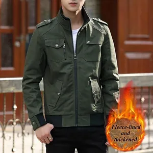 Men's dark green winter military jacket with warm fleece lining and tactical cargo pockets