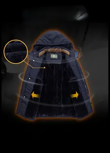Detail of dark blue winter parka with thick fleece lining and durable zipper closure