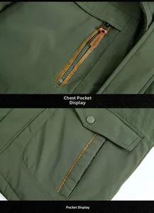 Detail view of military green outdoor jacket chest pocket and functional zip puller