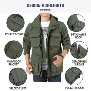Men's army green outdoor jacket with detachable sleeves and hood in lightweight style