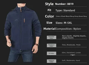 Detail view of navy blue hooded outdoor jacket with embroidery and size chart specifications