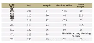 Size chart for men's thermal winter jacket showing measurements from M to 5XL