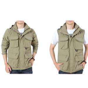 Versatile men's khaki outdoor hooded jacket with detachable sleeves and utility pockets
