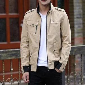 Men's khaki fleece-lined utility jacket with ribbed collar and shoulder strap detail