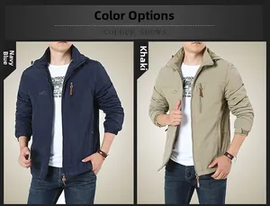 Dual view of navy blue and khaki outdoor men's padded jackets with hooded stand collars