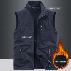 Men's Reversible Outdoor Vest Thickened Fleece Lined Stand Collar Multi Pocket Windproof Warm Waistcoat For Hiking