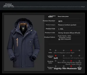 Detail view of men's blue hooded padded jacket with fleece lining and zipper pockets