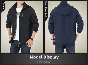 Front and back detail of hooded outdoor utility jacket with embroidery and zipper pocket