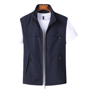 Men's dark blue quick-dry fishing vest with multi-pockets and a stand-up collar design