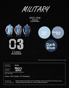 Detailed chart of military denim short sleeve shirts in light, medium, and dark blue