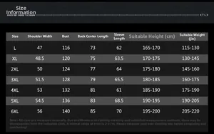 Detailed size guide table for men's winter coat from L to 6XL with measurements