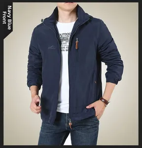 Front detail of navy blue outdoor winter jacket with high neck and zippered chest pocket